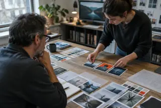 Two designers compare printed social-media layouts and color swatches in a naturally lit studio.